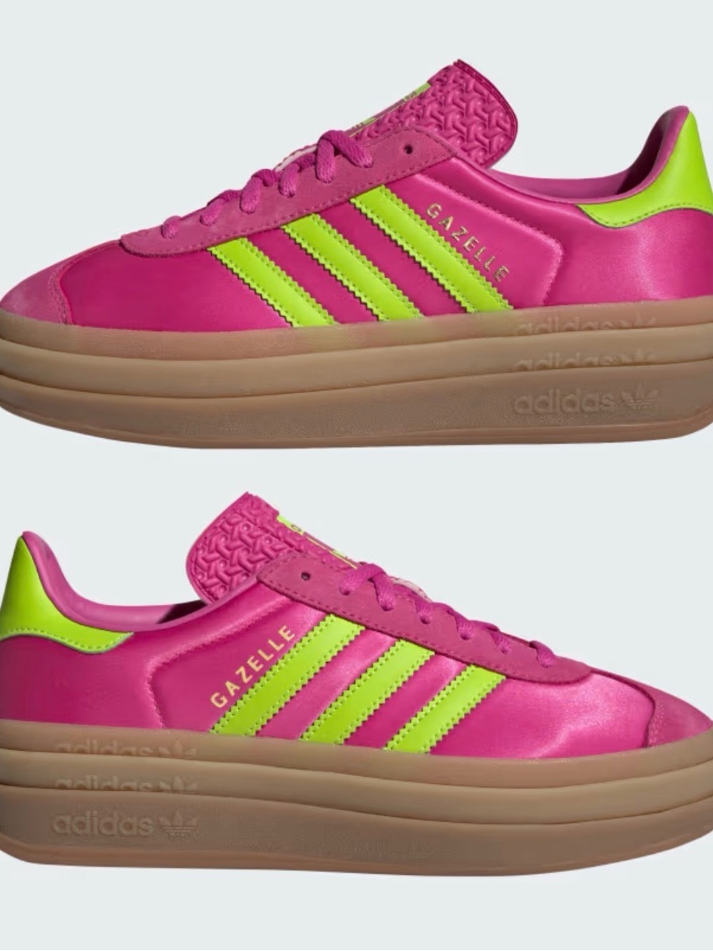 Adidas GAZELLE BOLD SHOES Semi Lucid Fuchsia Solar Slime Gold Metallic platform